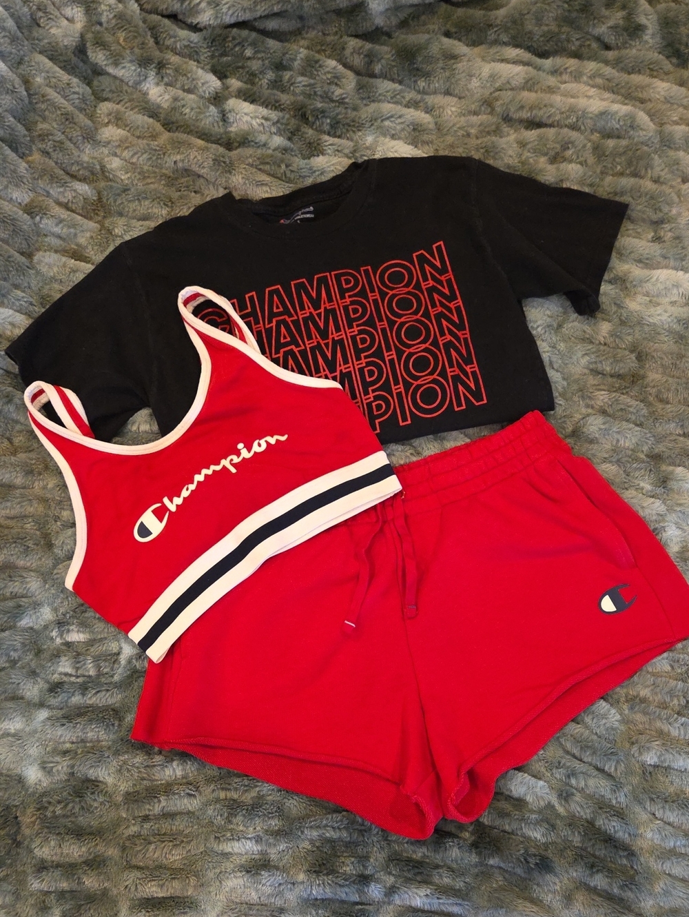 Champion Red Sports Set with Black Logo Tee